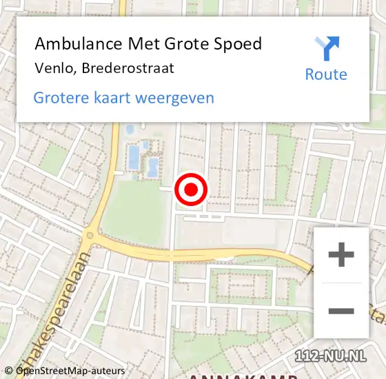 Locatie op kaart van de 112 melding: Ambulance Met Grote Spoed Naar Venlo, Brederostraat op 8 augustus 2021 11:27