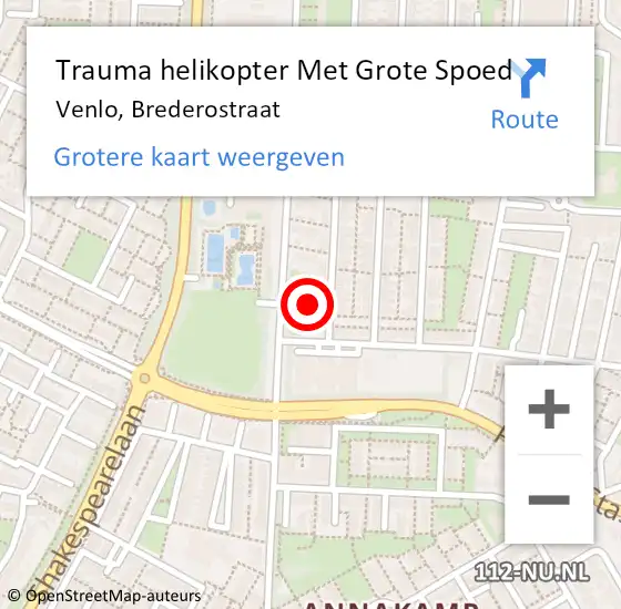 Locatie op kaart van de 112 melding: Trauma helikopter Met Grote Spoed Naar Venlo, Brederostraat op 8 augustus 2021 11:32