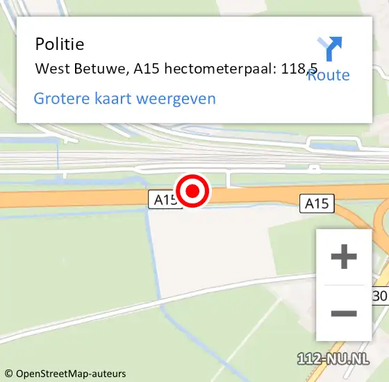 Locatie op kaart van de 112 melding: Politie Geldermalsen, A15 hectometerpaal: 118,5 op 8 augustus 2021 12:45