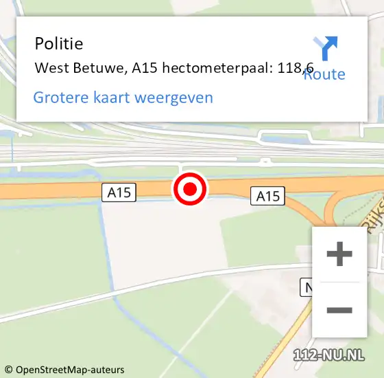 Locatie op kaart van de 112 melding: Politie Geldermalsen, A15 hectometerpaal: 118,6 op 8 augustus 2021 12:45