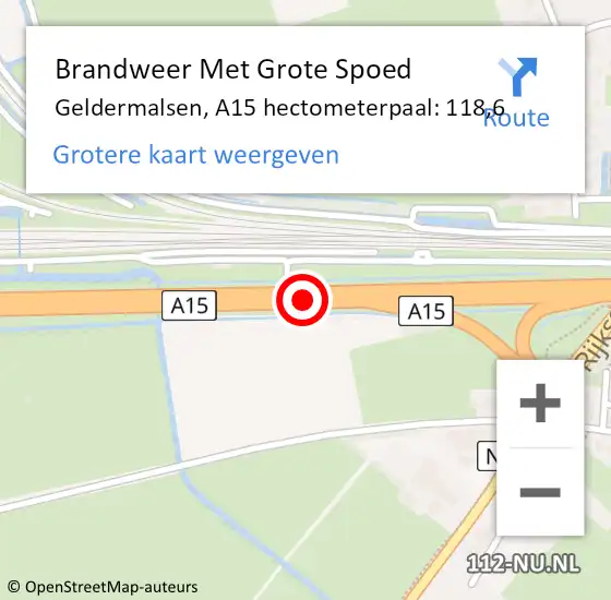 Locatie op kaart van de 112 melding: Brandweer Met Grote Spoed Naar Geldermalsen, A15 hectometerpaal: 118,6 op 8 augustus 2021 12:46