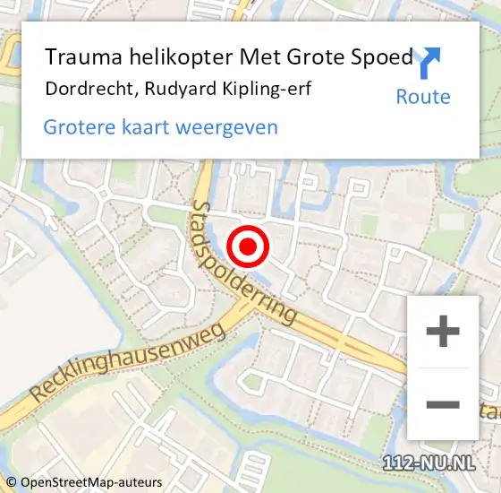 Locatie op kaart van de 112 melding: Trauma helikopter Met Grote Spoed Naar Dordrecht, Rudyard Kipling-erf op 8 augustus 2021 13:39