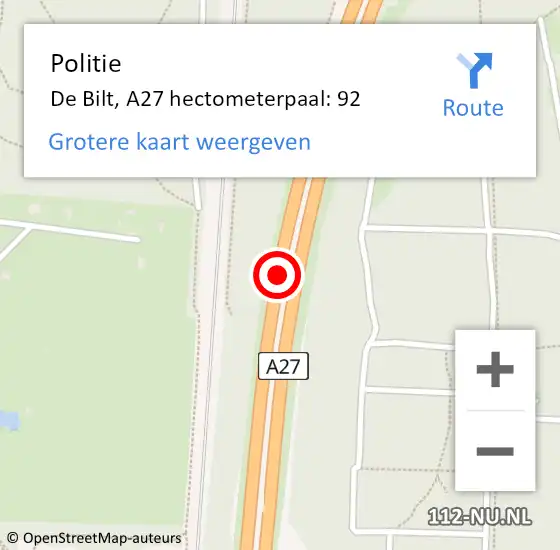 Locatie op kaart van de 112 melding: Politie De Bilt, A27 hectometerpaal: 92 op 8 augustus 2021 17:03