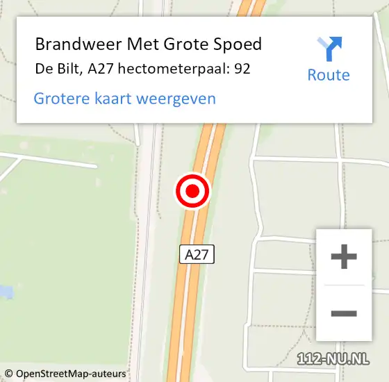 Locatie op kaart van de 112 melding: Brandweer Met Grote Spoed Naar De Bilt, A27 hectometerpaal: 92 op 8 augustus 2021 17:05