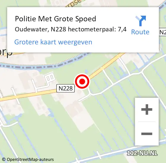 Locatie op kaart van de 112 melding: Politie Met Grote Spoed Naar Oudewater, N228 hectometerpaal: 7,4 op 8 augustus 2021 17:52