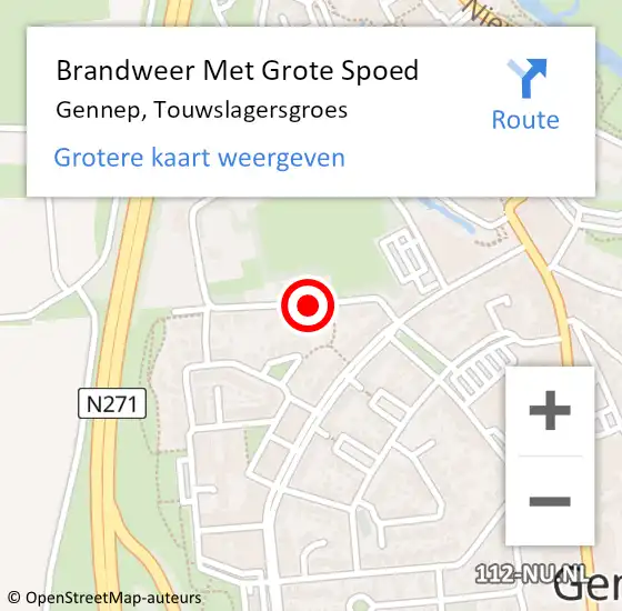 Locatie op kaart van de 112 melding: Brandweer Met Grote Spoed Naar Gennep, Touwslagersgroes op 8 augustus 2021 18:00