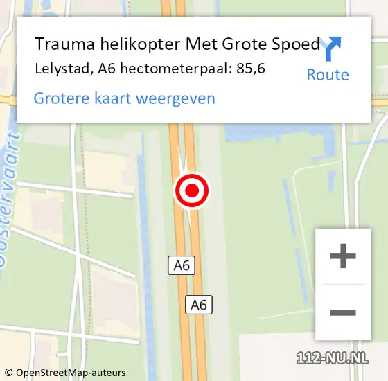 Locatie op kaart van de 112 melding: Trauma helikopter Met Grote Spoed Naar Lelystad, A6 hectometerpaal: 85,6 op 8 augustus 2021 19:24