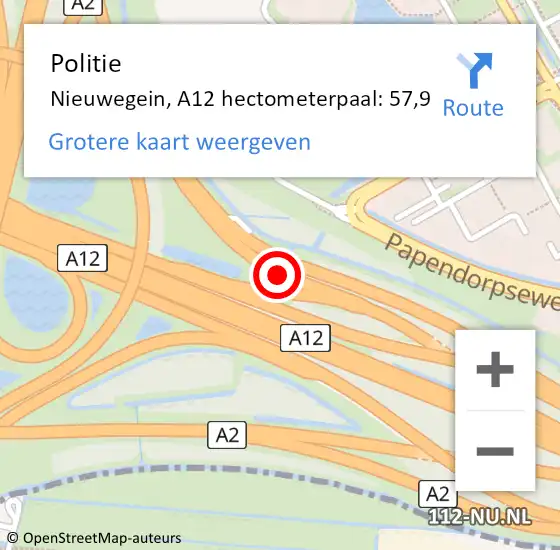 Locatie op kaart van de 112 melding: Politie Nieuwegein, A12 hectometerpaal: 57,9 op 8 augustus 2021 20:03
