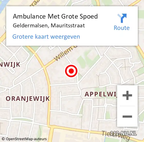 Locatie op kaart van de 112 melding: Ambulance Met Grote Spoed Naar Geldermalsen, Mauritsstraat op 8 augustus 2021 20:38