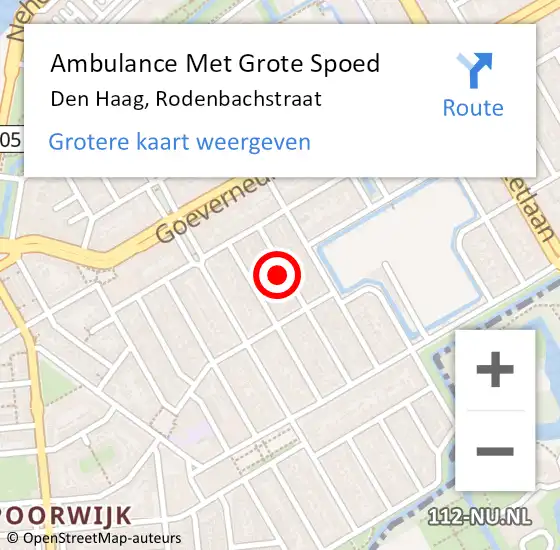 Locatie op kaart van de 112 melding: Ambulance Met Grote Spoed Naar Den Haag, Rodenbachstraat op 8 augustus 2021 21:10