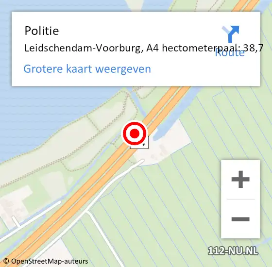 Locatie op kaart van de 112 melding: Politie Leidschendam-Voorburg, A4 hectometerpaal: 38,7 op 8 augustus 2021 22:36