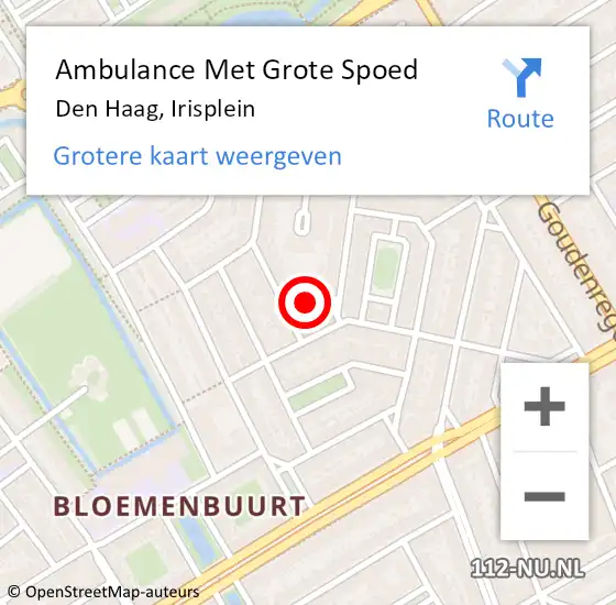 Locatie op kaart van de 112 melding: Ambulance Met Grote Spoed Naar Den Haag, Irisplein op 9 augustus 2021 00:47