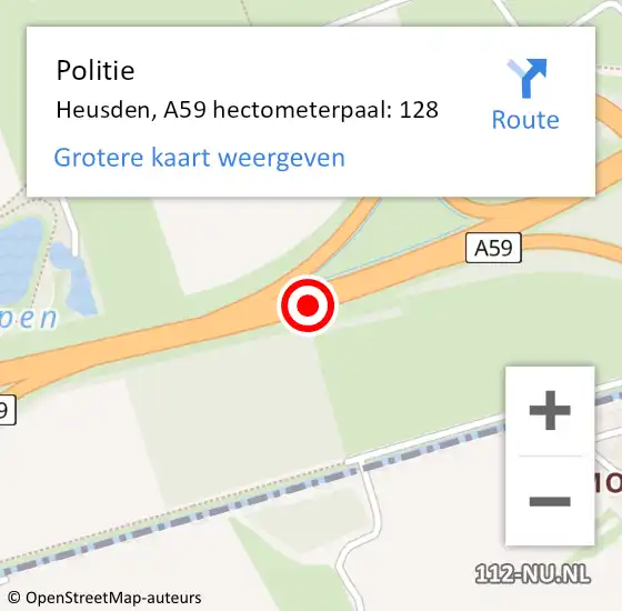 Locatie op kaart van de 112 melding: Politie Heusden, A59 hectometerpaal: 128 op 9 augustus 2021 04:13