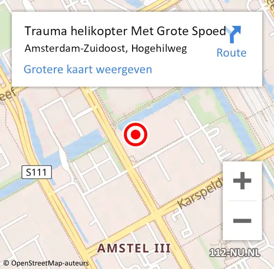 Locatie op kaart van de 112 melding: Trauma helikopter Met Grote Spoed Naar Amsterdam-Zuidoost, Hogehilweg op 9 augustus 2021 04:37