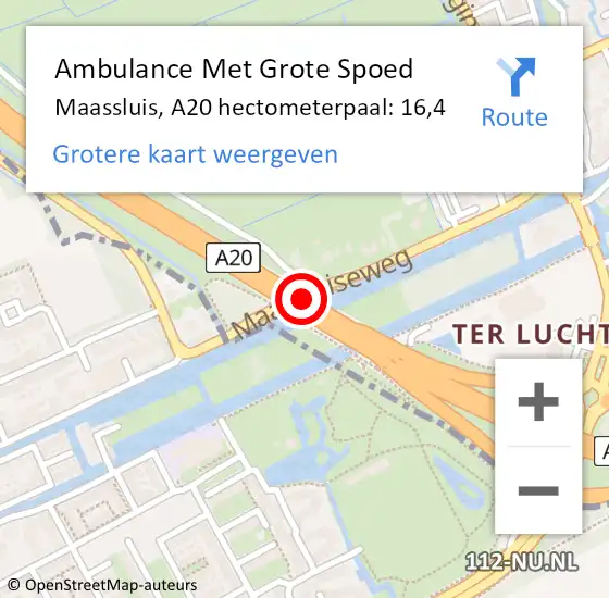 Locatie op kaart van de 112 melding: Ambulance Met Grote Spoed Naar Maassluis, A20 hectometerpaal: 16,4 op 9 augustus 2021 04:40