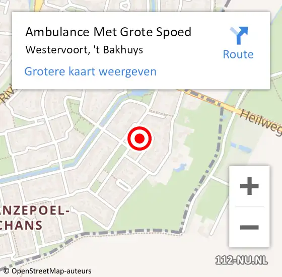 Locatie op kaart van de 112 melding: Ambulance Met Grote Spoed Naar Westervoort, 't Bakhuys op 9 augustus 2021 05:58