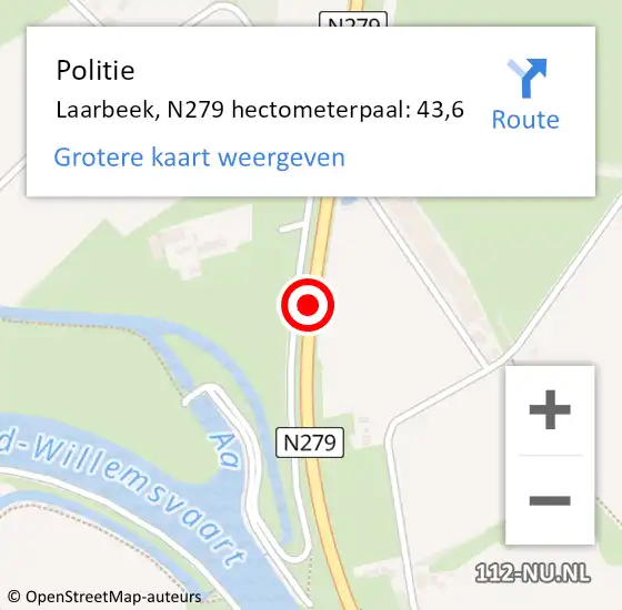 Locatie op kaart van de 112 melding: Politie Laarbeek, N279 hectometerpaal: 43,6 op 9 augustus 2021 06:27