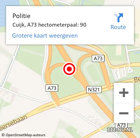 Locatie op kaart van de 112 melding: Politie Cuijk, A73 hectometerpaal: 90 op 9 augustus 2021 08:03