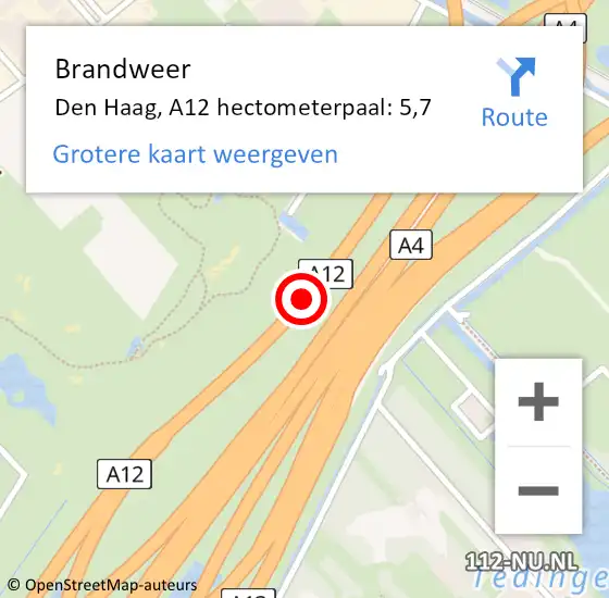 Locatie op kaart van de 112 melding: Brandweer Den Haag, A12 hectometerpaal: 5,7 op 9 augustus 2021 08:10