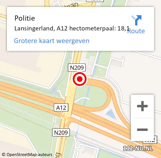 Locatie op kaart van de 112 melding: Politie Lansingerland, A12 hectometerpaal: 18,1 op 9 augustus 2021 11:32