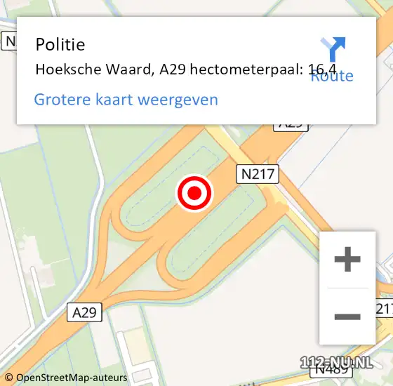 Locatie op kaart van de 112 melding: Politie Binnenmaas, A29 hectometerpaal: 16,4 op 9 augustus 2021 11:40