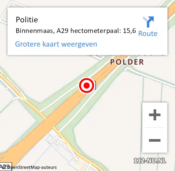 Locatie op kaart van de 112 melding: Politie Binnenmaas, A29 hectometerpaal: 15,6 op 9 augustus 2021 12:11