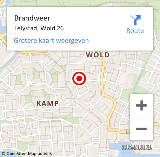 Locatie op kaart van de 112 melding: Brandweer Lelystad, Wold 26 op 9 augustus 2021 13:00