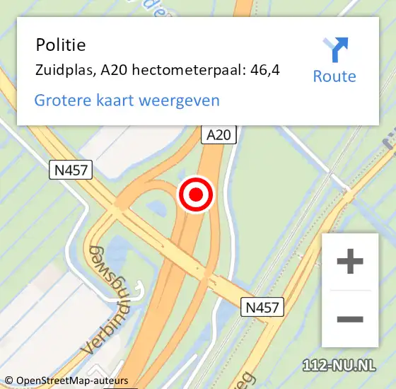 Locatie op kaart van de 112 melding: Politie Zuidplas, A20 hectometerpaal: 46,4 op 9 augustus 2021 13:03