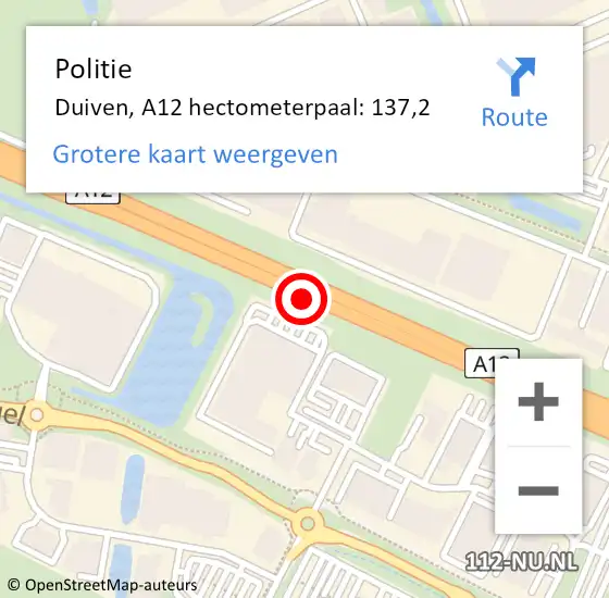 Locatie op kaart van de 112 melding: Politie Duiven, A12 hectometerpaal: 137,2 op 9 augustus 2021 13:05