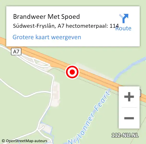 Locatie op kaart van de 112 melding: Brandweer Met Spoed Naar Súdwest-Fryslân, A7 hectometerpaal: 114 op 9 augustus 2021 13:53