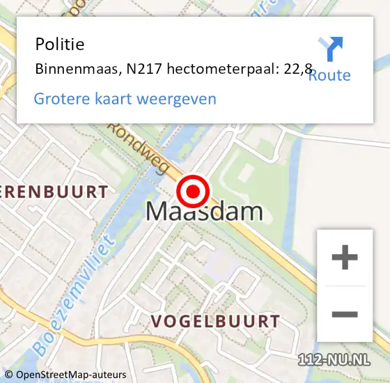 Locatie op kaart van de 112 melding: Politie Binnenmaas, N217 hectometerpaal: 22,8 op 9 augustus 2021 14:13