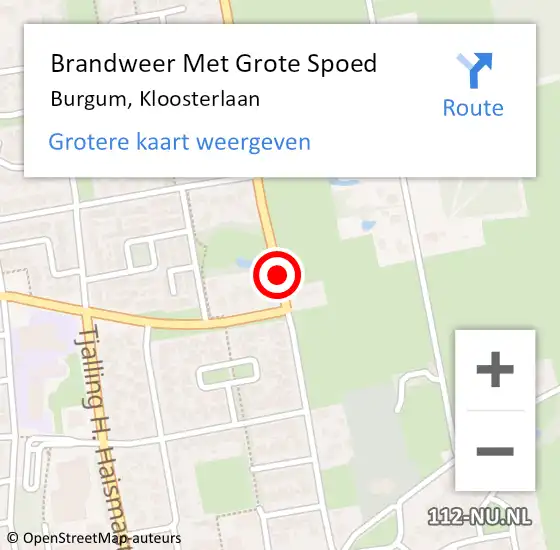 Locatie op kaart van de 112 melding: Brandweer Met Grote Spoed Naar Burgum, Kloosterlaan op 9 augustus 2021 14:16