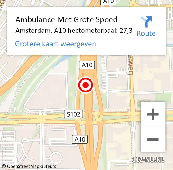 Locatie op kaart van de 112 melding: Ambulance Met Grote Spoed Naar Amsterdam, A10 hectometerpaal: 27,3 op 9 augustus 2021 14:32