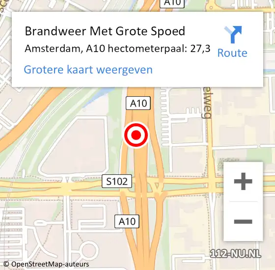 Locatie op kaart van de 112 melding: Brandweer Met Grote Spoed Naar Amsterdam, A10 hectometerpaal: 27,3 op 9 augustus 2021 14:32