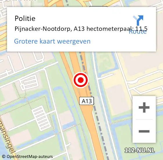Locatie op kaart van de 112 melding: Politie Pijnacker-Nootdorp, A13 hectometerpaal: 11,5 op 9 augustus 2021 16:14