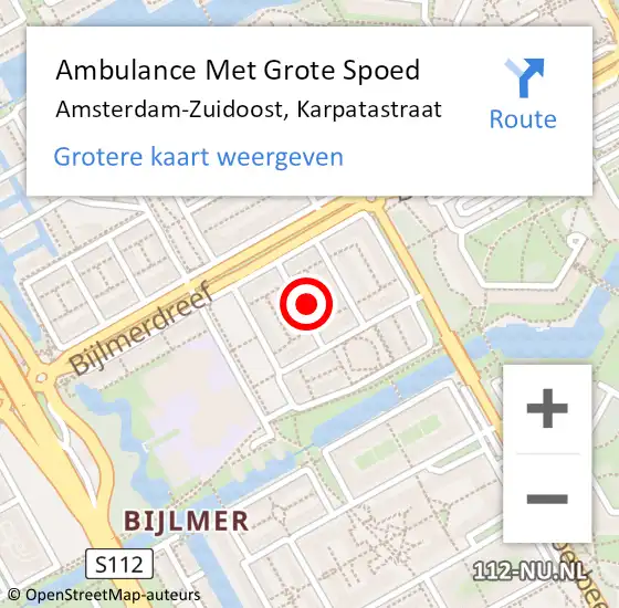 Locatie op kaart van de 112 melding: Ambulance Met Grote Spoed Naar Amsterdam-Zuidoost, Karpatastraat op 9 augustus 2021 17:15