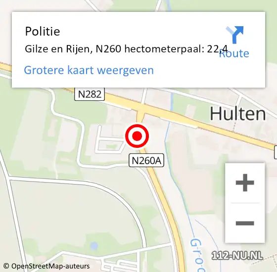 Locatie op kaart van de 112 melding: Politie Gilze en Rijen, N260 hectometerpaal: 22,4 op 9 augustus 2021 17:18