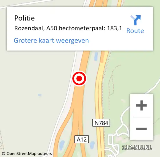 Locatie op kaart van de 112 melding: Politie Rozendaal, A50 hectometerpaal: 183,1 op 9 augustus 2021 18:32