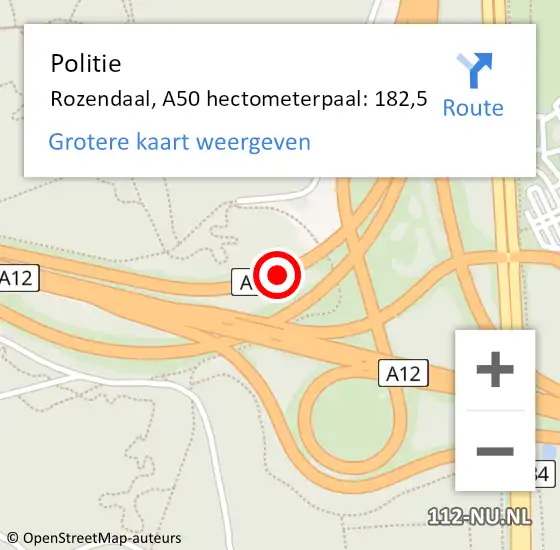 Locatie op kaart van de 112 melding: Politie Rozendaal, A50 hectometerpaal: 182,5 op 9 augustus 2021 18:32