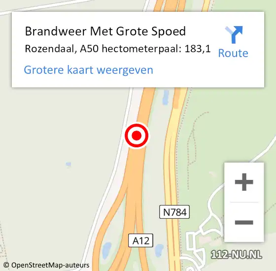 Locatie op kaart van de 112 melding: Brandweer Met Grote Spoed Naar Rozendaal, A50 hectometerpaal: 183,1 op 9 augustus 2021 18:33