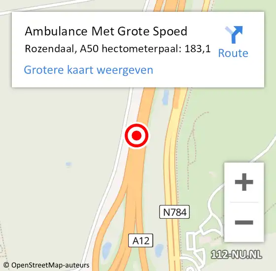 Locatie op kaart van de 112 melding: Ambulance Met Grote Spoed Naar Rozendaal, A50 hectometerpaal: 183,1 op 9 augustus 2021 18:33