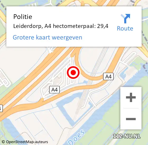 Locatie op kaart van de 112 melding: Politie Leiderdorp, A4 hectometerpaal: 29,4 op 9 augustus 2021 19:23