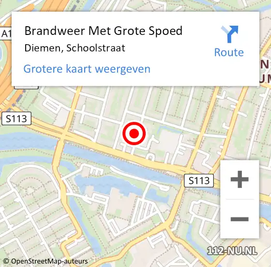 Locatie op kaart van de 112 melding: Brandweer Met Grote Spoed Naar Diemen, Schoolstraat op 9 augustus 2021 19:32