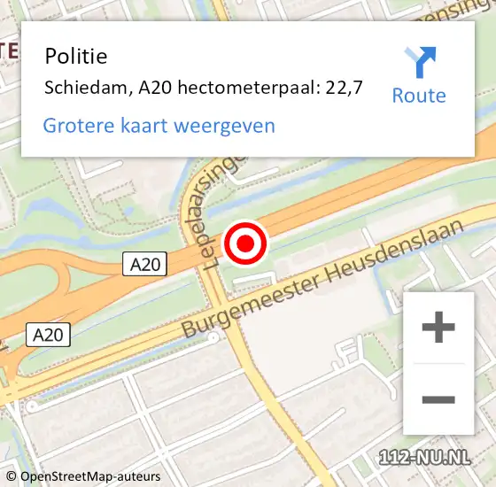 Locatie op kaart van de 112 melding: Politie Schiedam, A20 hectometerpaal: 22,7 op 9 augustus 2021 21:57