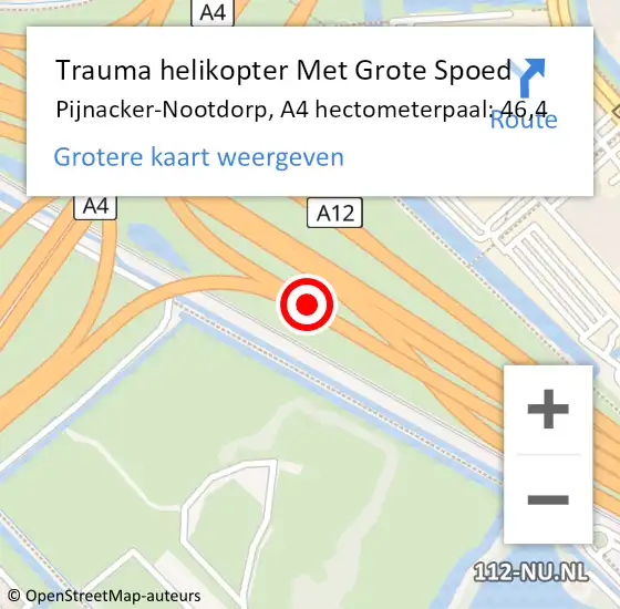 Locatie op kaart van de 112 melding: Trauma helikopter Met Grote Spoed Naar Pijnacker-Nootdorp, A4 hectometerpaal: 46,4 op 9 augustus 2021 23:26