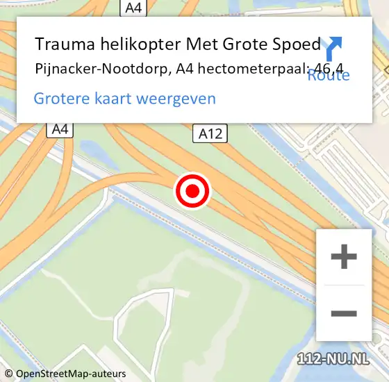 Locatie op kaart van de 112 melding: Trauma helikopter Met Grote Spoed Naar Pijnacker-Nootdorp, A4 hectometerpaal: 46,4 op 9 augustus 2021 23:27