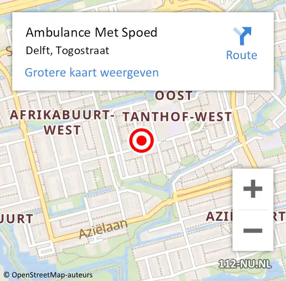 Locatie op kaart van de 112 melding: Ambulance Met Spoed Naar Delft, Togostraat op 10 augustus 2021 00:34