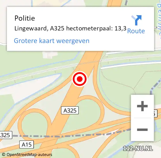 Locatie op kaart van de 112 melding: Politie Nijmegen, A325 hectometerpaal: 13,3 op 10 augustus 2021 07:09