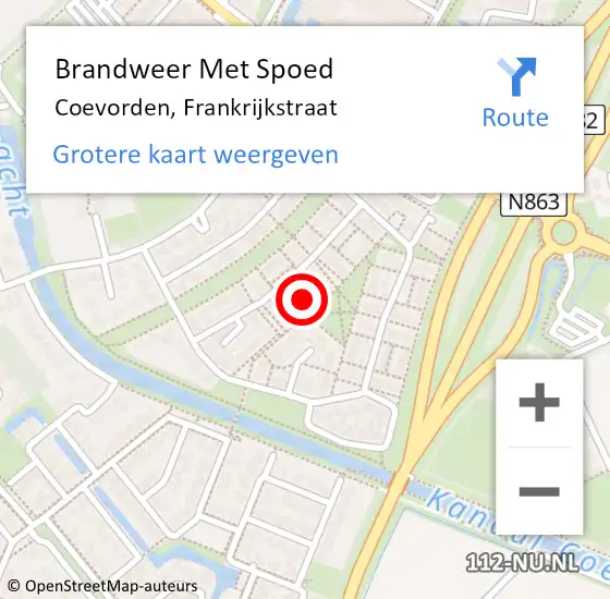 Locatie op kaart van de 112 melding: Brandweer Met Spoed Naar Coevorden, Frankrijkstraat op 10 augustus 2021 10:15