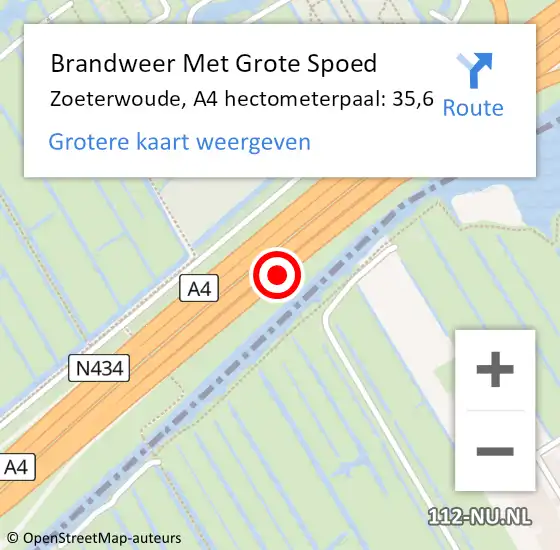 Locatie op kaart van de 112 melding: Brandweer Met Grote Spoed Naar Zoeterwoude, A4 hectometerpaal: 35,6 op 10 augustus 2021 10:31